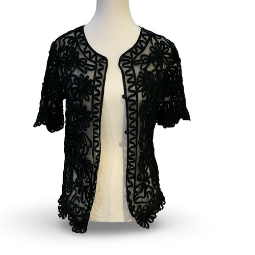 Vintage Victorian Floral Soutache Beaded Mesh Cardigan Black Sma - photo 4
