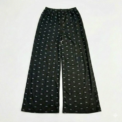 Black Ribbed Bow Print Wide Leg Pants Medium Coquette - photo 2