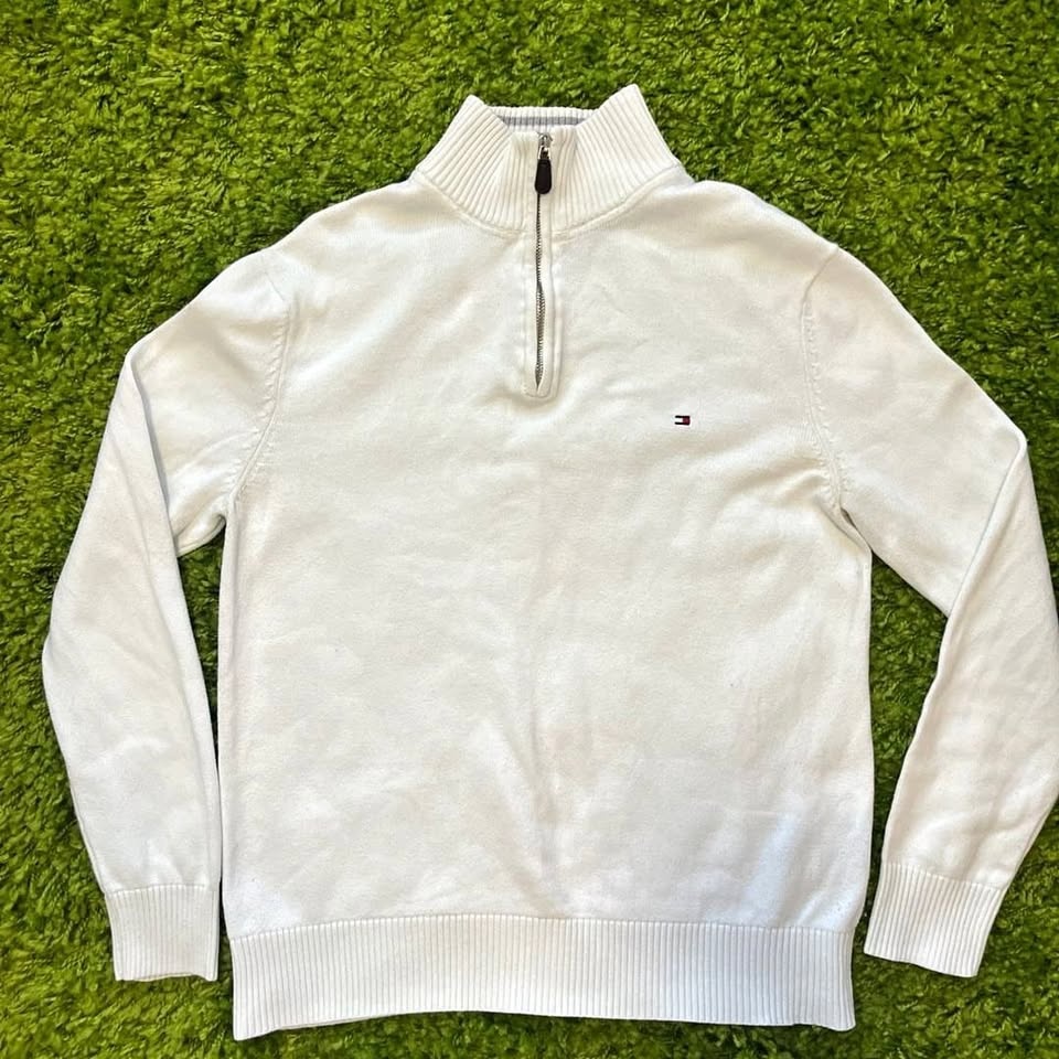 Tommy Hilfiger Men's Cotton Quarter-Zip Mock Neck Sweater White