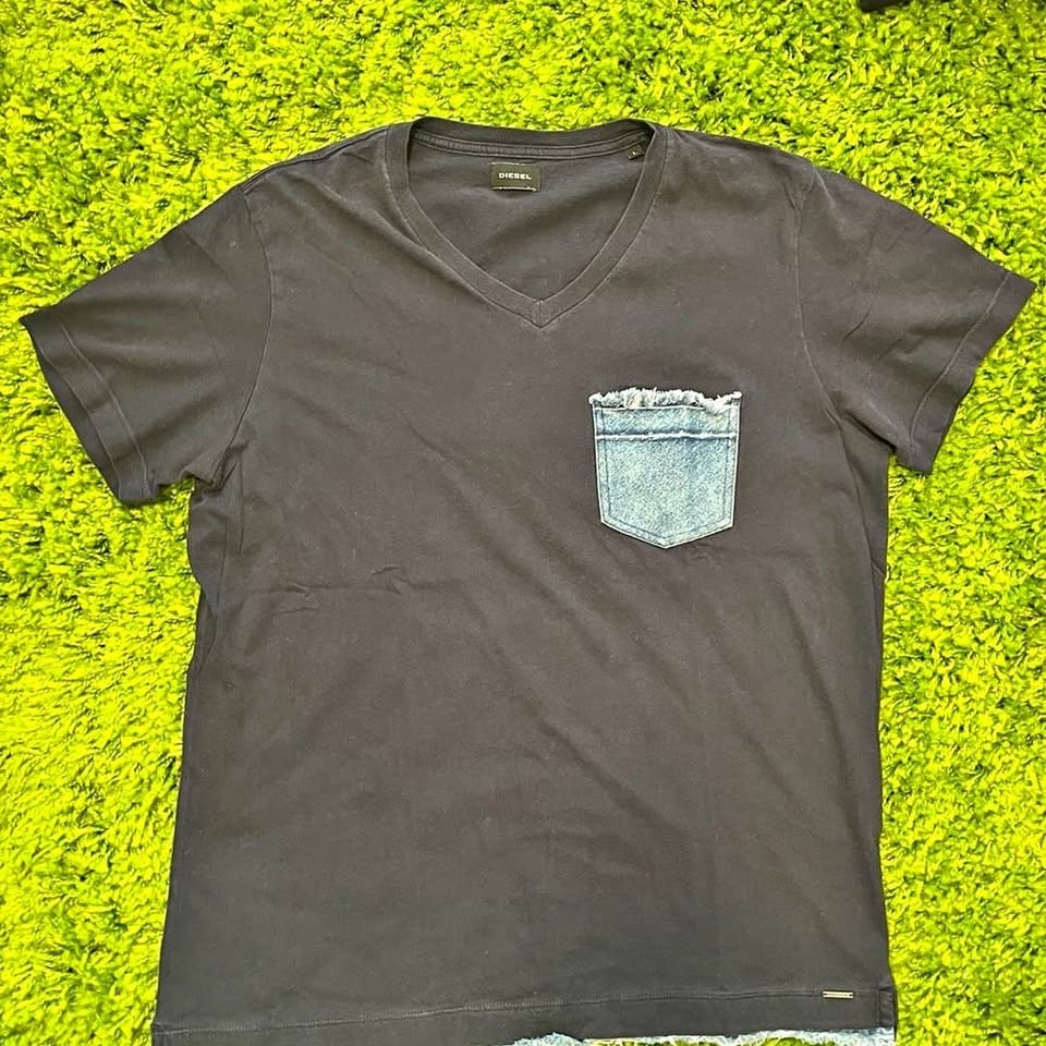 Diesel T-Bascon Black V-Neck T-Shirt w/ Denim Pocket & Hem