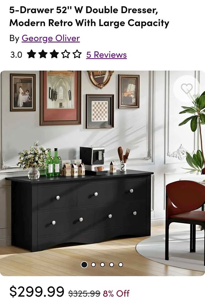 5-Drawer 52'' W Double Dresser, Modern Retro With Large Capacity