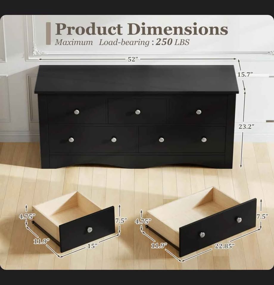5-Drawer 52'' W Double Dresser, Modern Retro With Large Capacity - photo 3