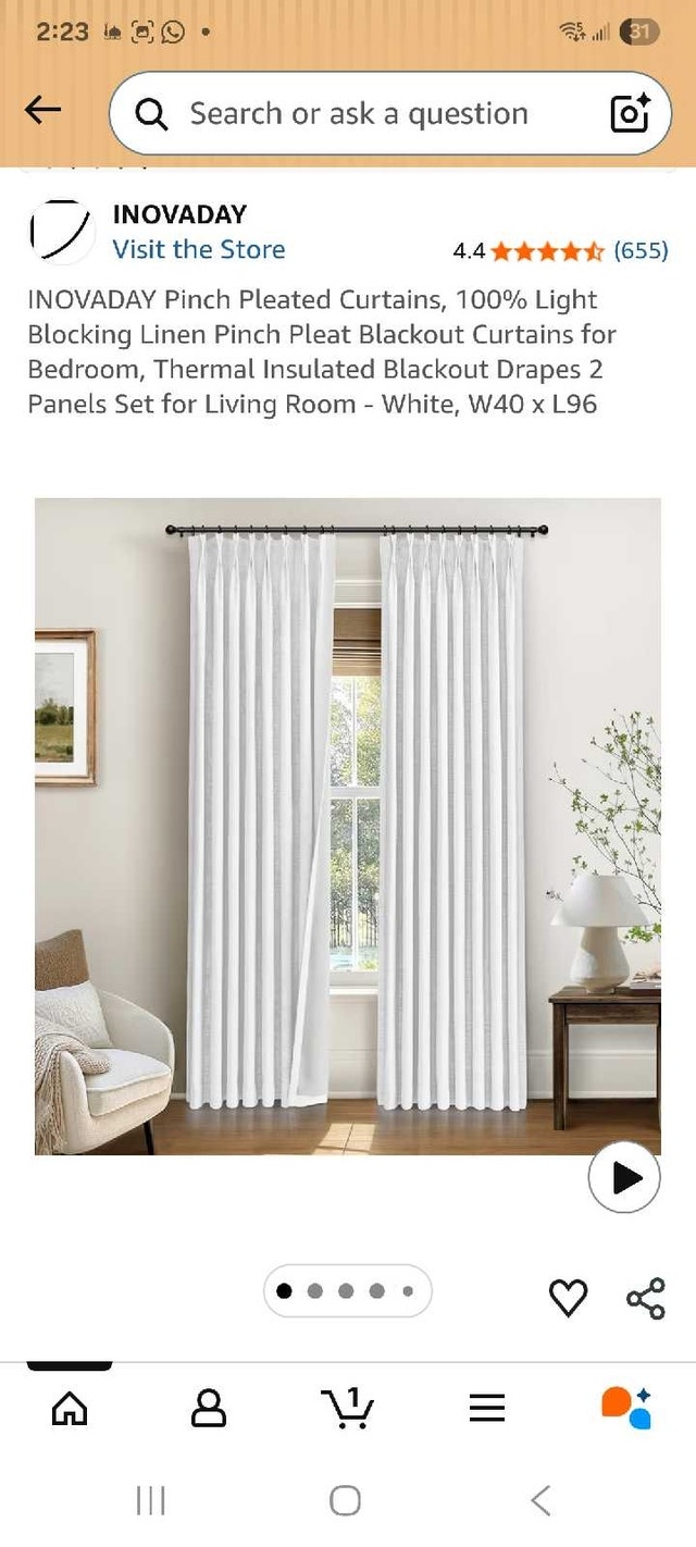 INOVADAY Pinch Pleated Blackout Curtains - White (2 Panels, 40"x