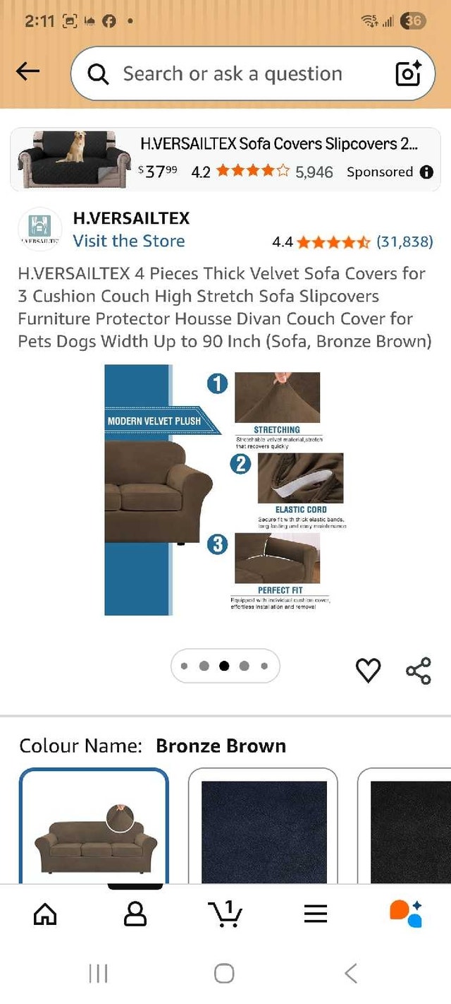 H.Versailtex 4-Piece Velvet Sofa Cover - Bronze Brown - photo 3