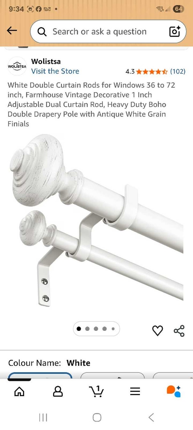 Wolistoa White Double Curtain Rod (36-72")