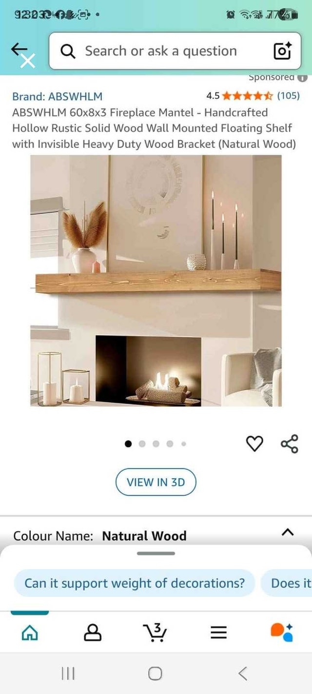 ABSWHLM Fireplace Mantel 60x8x3 Natural Wood
