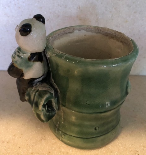 Vintage Panda Cup Green Glazed Tea Bamboo - photo 2