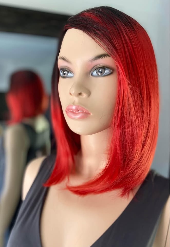 NWOT Bright Red Black Ombré Short Asymmetrical Synthetic Wig - photo 3