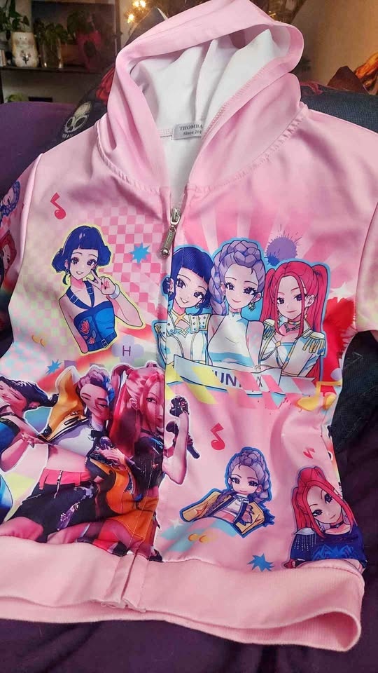 K POP THOMBA Pink Anime Character Zippered Hoodie - Small