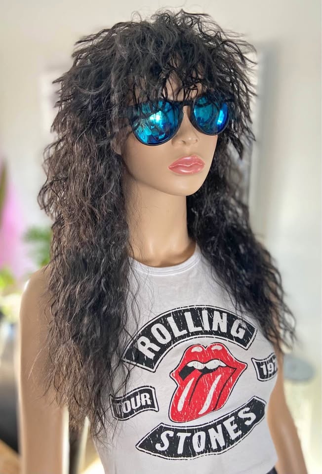 NWOT 24” Blk 70s 80s Rocker Mullet Costume Wig 2338