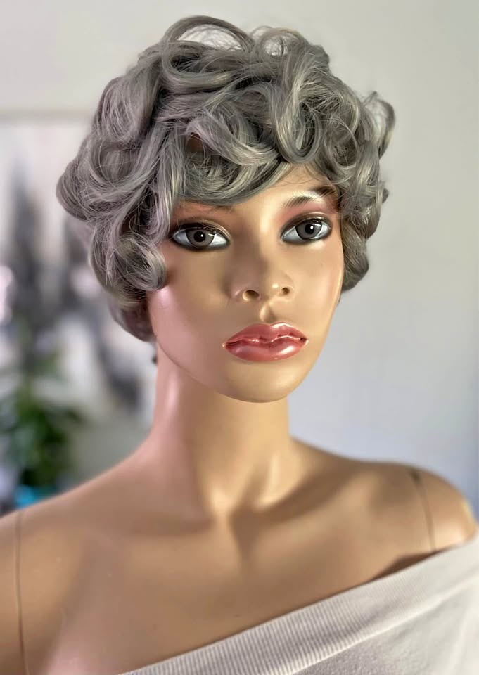 NWOT Short Pixie Curly Grey Silver Synthetic Wig (2307)