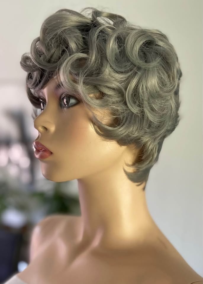 NWOT Short Pixie Curly Grey Silver Synthetic Wig (2307) - photo 3