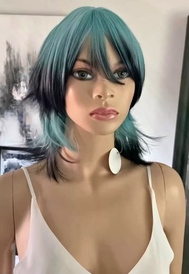 NWT 12” Teal Blue Black Anime Mullet Synthetic Cosplay Wig 2120