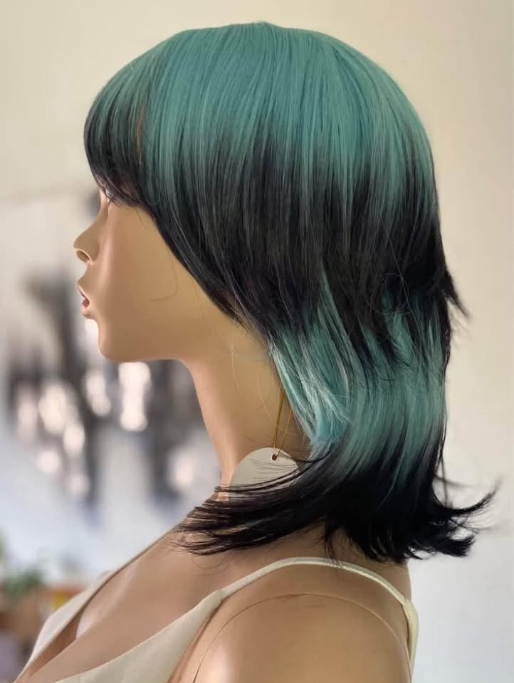 NWT 12” Teal Blue Black Anime Mullet Synthetic Cosplay Wig 2120 - photo 2