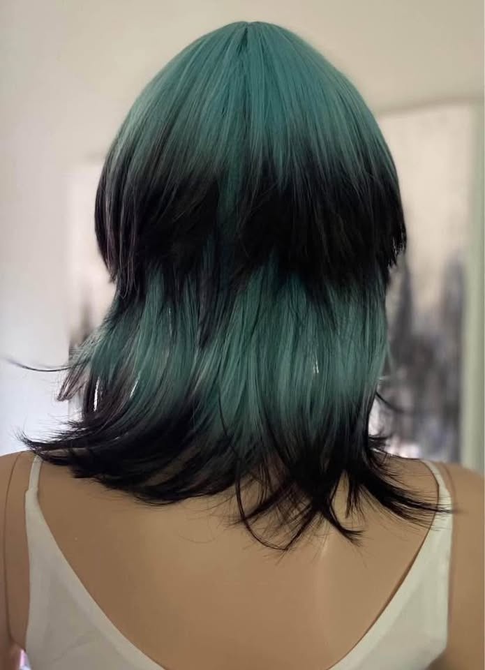 NWT 12” Teal Blue Black Anime Mullet Synthetic Cosplay Wig 2120 - photo 3