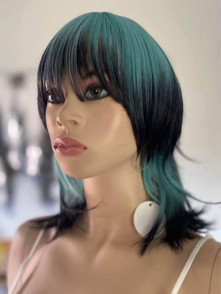 NWT 12” Teal Blue Black Anime Mullet Synthetic Cosplay Wig 2120 - photo 5