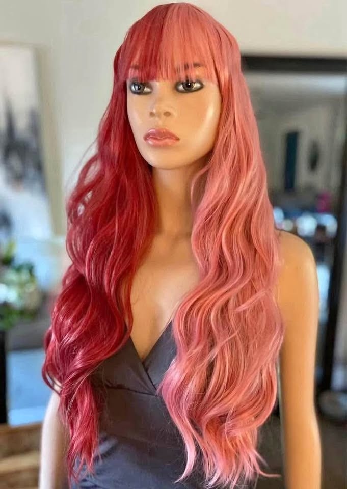 NWOT 2-Tone Pink Long Wavy Synthetic Wig w Bangs 2190