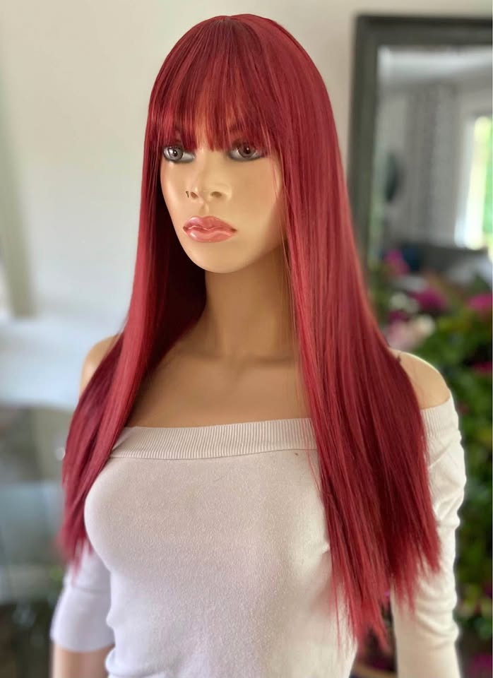 NWOT 24” Long Straight Red Wine Synthetic Wig w Bangs 2318