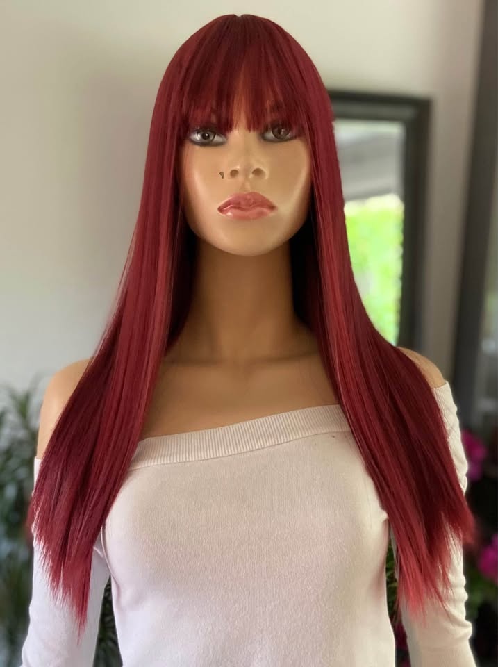 NWOT 24” Long Straight Red Wine Synthetic Wig w Bangs 2318 - photo 2