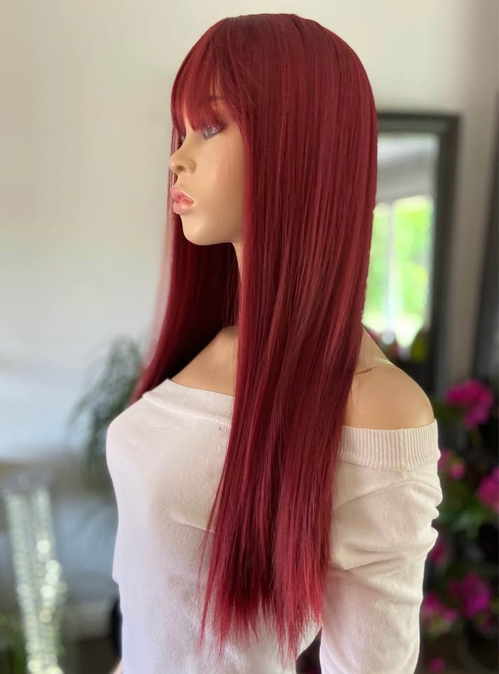 NWOT 24” Long Straight Red Wine Synthetic Wig w Bangs 2318 - photo 4
