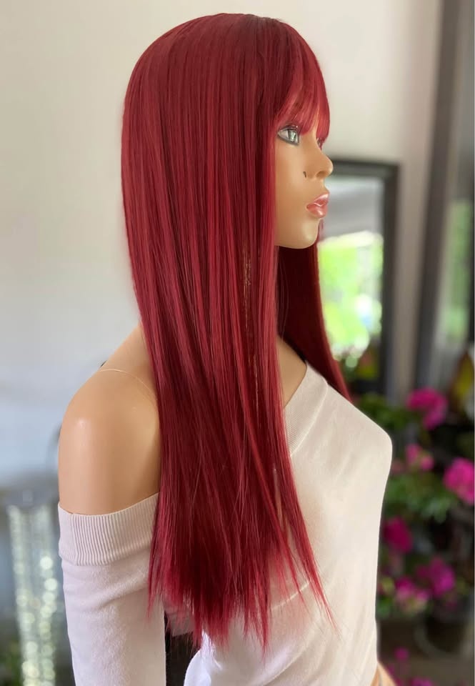NWOT 24” Long Straight Red Wine Synthetic Wig w Bangs 2318 - photo 5