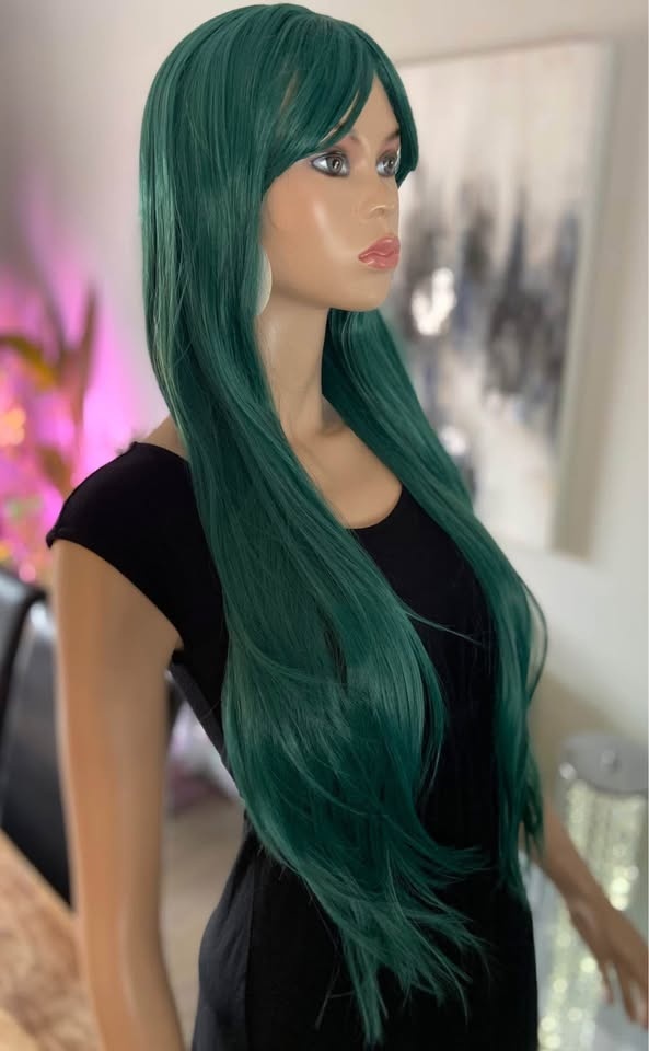 NWT: 30” Long Straight Green Synthetic Wig w Bangs 2244 - photo 4