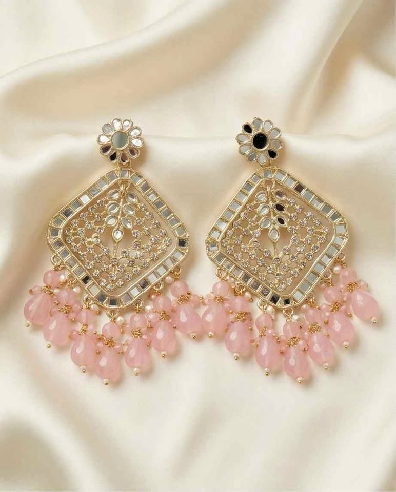 Gold-toned mirror work earrings with pink beads