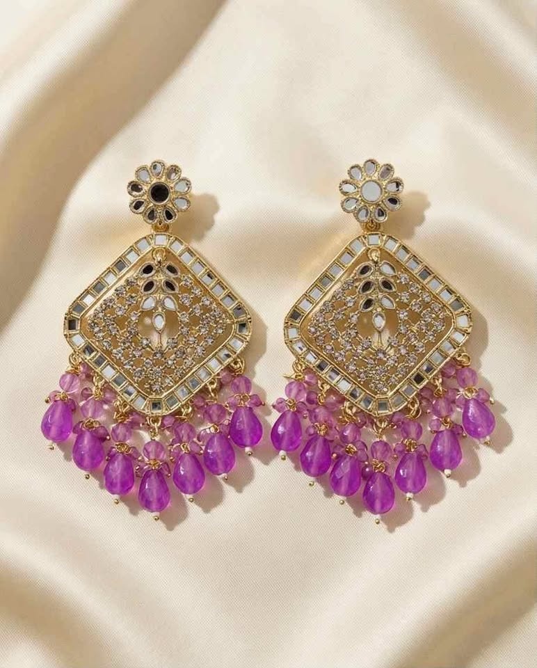 Gold Chandelier Earrings with Purple Beads & Mirror Work