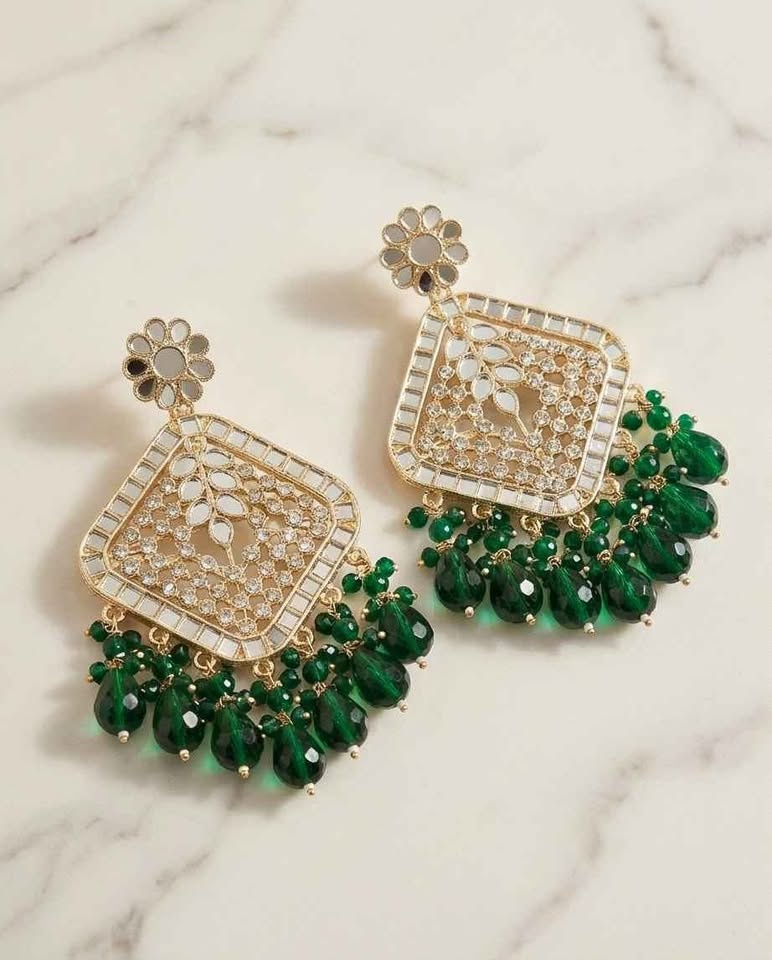 Gold Mirror Work Earrings with Green Beads