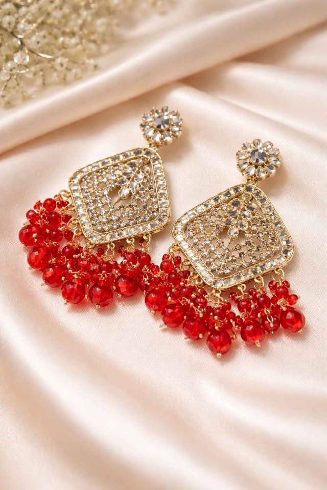Gold Tone Kundan Red Dangle Earrings