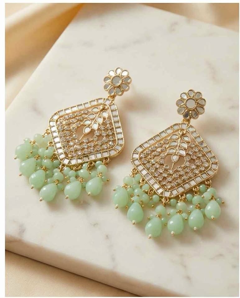Mint Green Kundan Statement Earrings – Elegant Party Wear