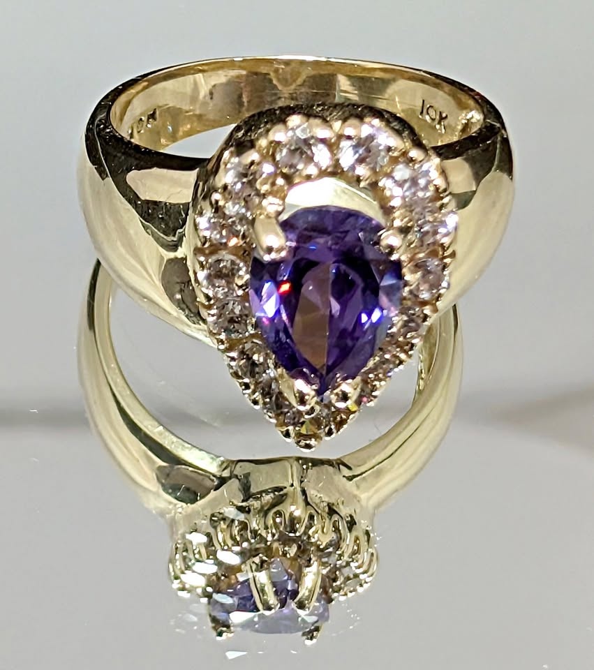 Amethyst Ring - 10K Yellow Gold, 1.25ct Pear Amethyst, CZ Accent