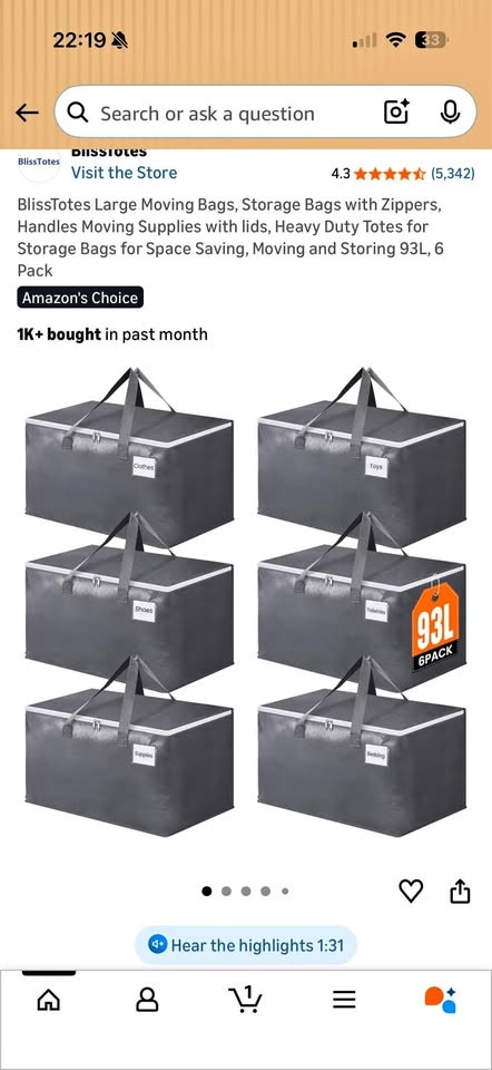BlissTotes 93L Heavy Duty Storage Moving Bags 6-Pack