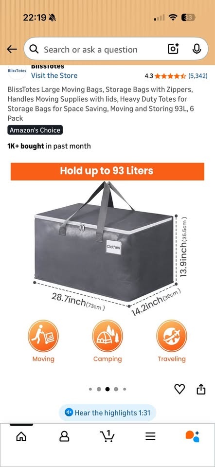 BlissTotes 93L Heavy Duty Storage Moving Bags 6-Pack - photo 3