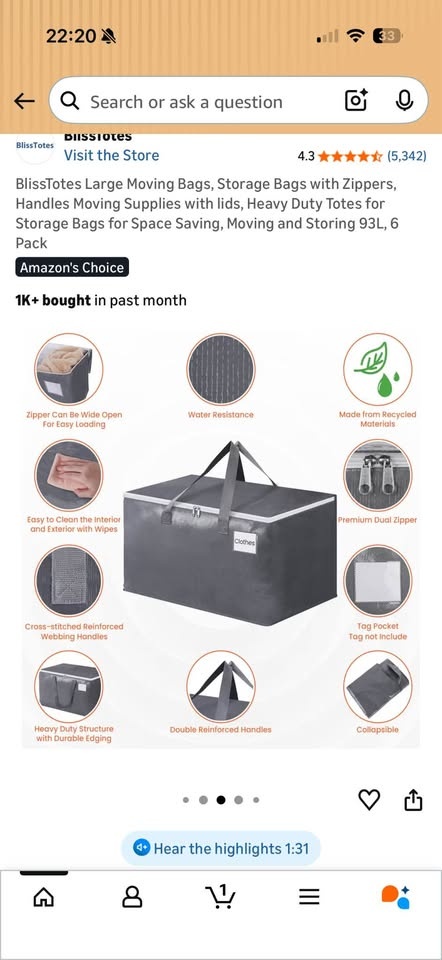 BlissTotes 93L Heavy Duty Storage Moving Bags 6-Pack - photo 4