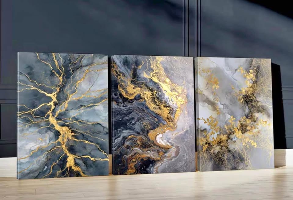 Set of 3 Framed Abstract Wall Art - Golden Veins & Waves