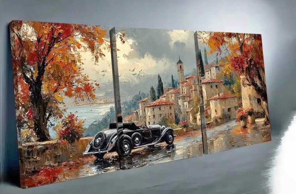 Set of 3 Decorative Canvases: Vintage Cars in European Village