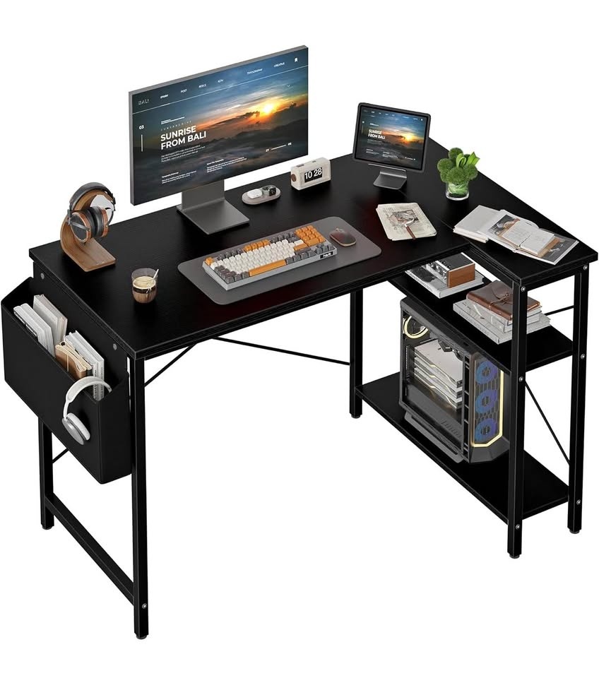 L Shaped Computer Desk with Reversible Shelves