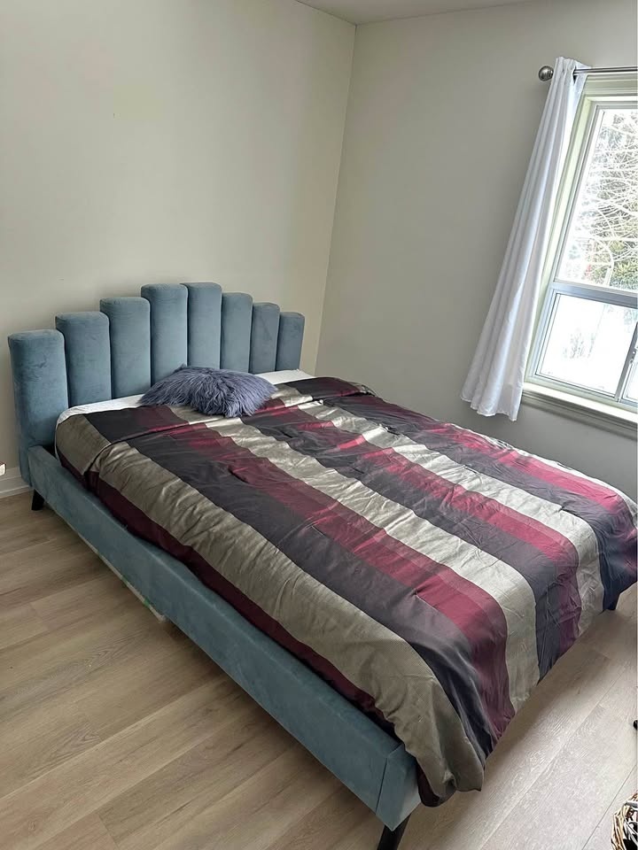 Queen Velvet Bed Frame – Blue Upholstered Headboard