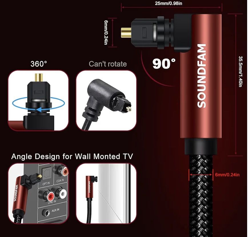 90-Degree Optical Audio Cable, 360° Rotatable Toslink Digital Op - photo 4
