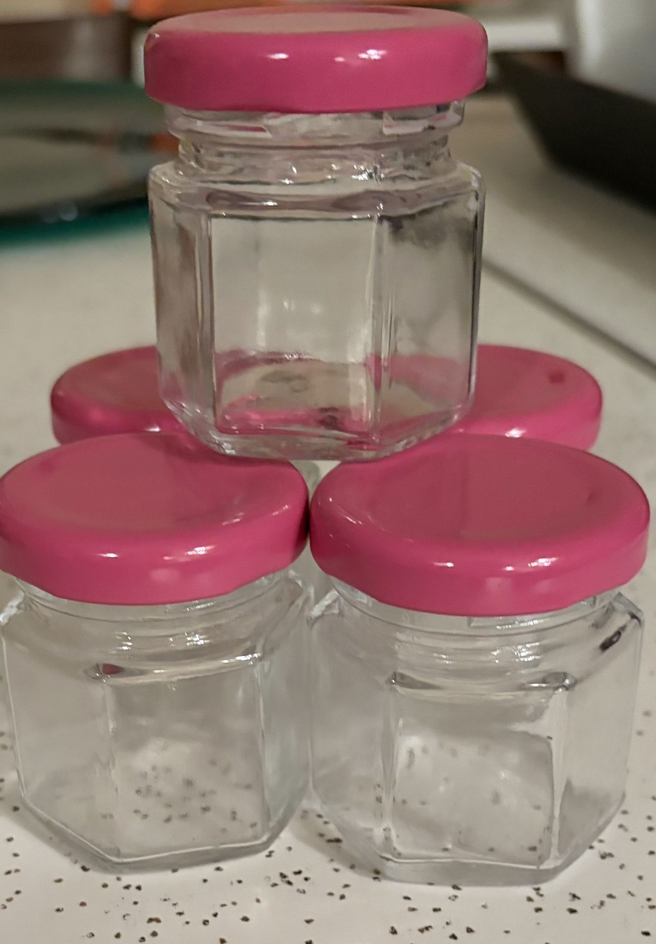 1.5 oz Hexagon Mini Glass Jars w/ Pink Lids (5 for $5)