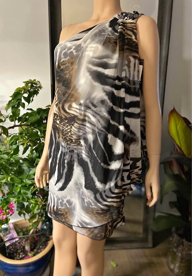 NWT Onyx Nite Brown Animal Print One-Shoulder Dress (Size 2) 403