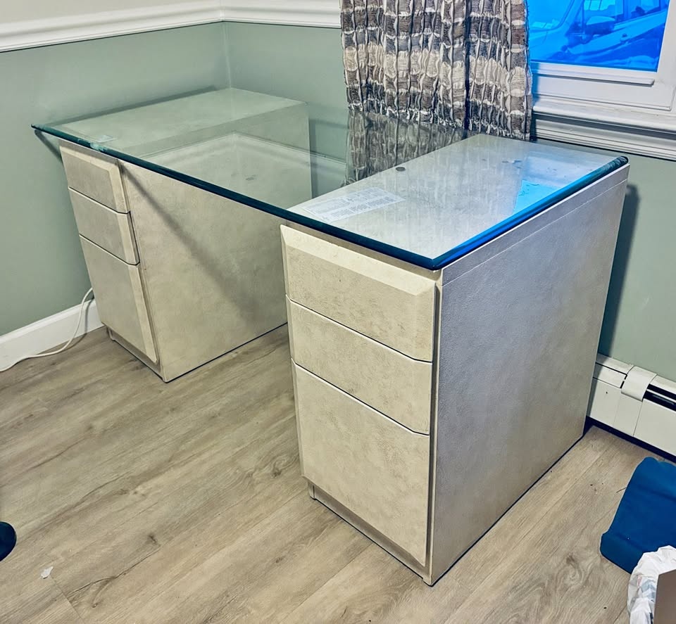 Glass Top Desk + 2 Filing Cabinets - Cream Stone Finish