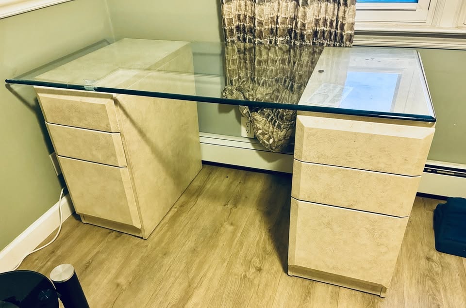 Glass Top Desk + 2 Filing Cabinets - Cream Stone Finish - photo 2