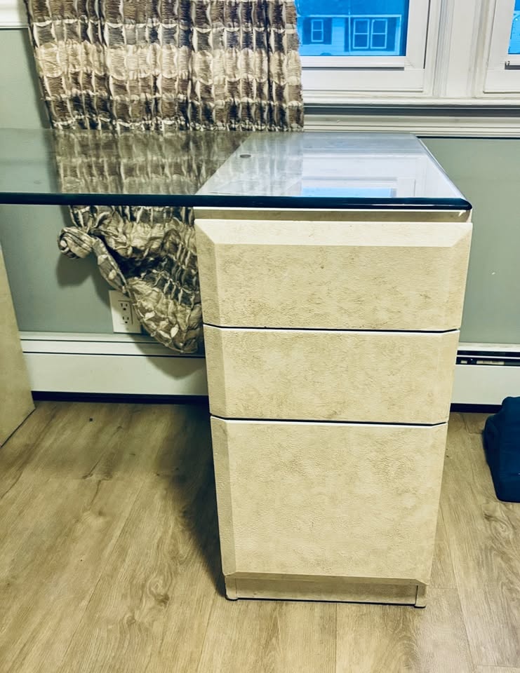Glass Top Desk + 2 Filing Cabinets - Cream Stone Finish - photo 3