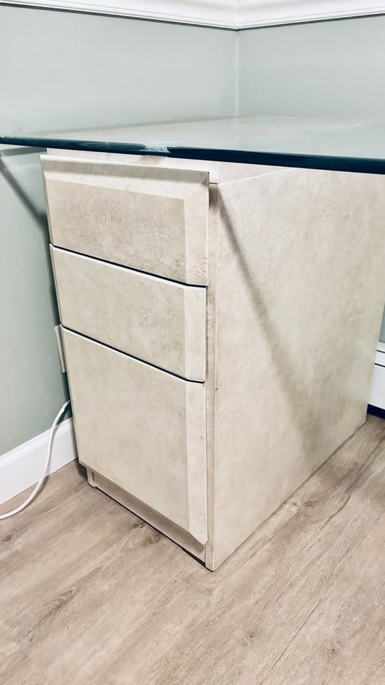 Glass Top Desk + 2 Filing Cabinets - Cream Stone Finish - photo 4