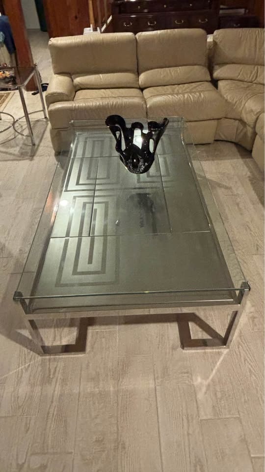 Glass & chrome coffee table + vintage table lighter