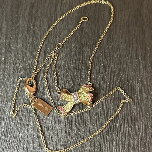 Coach Gold Tone Necklace Bow Rhinestones Chain 16" No Tag