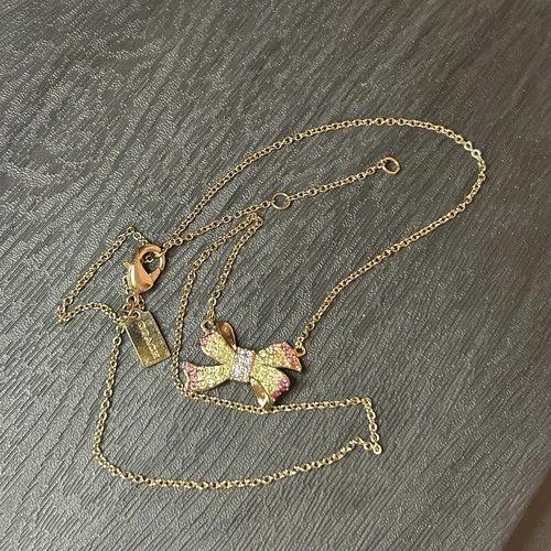 Coach Gold Tone Necklace Bow Rhinestones Chain 16" No Tag - photo 5