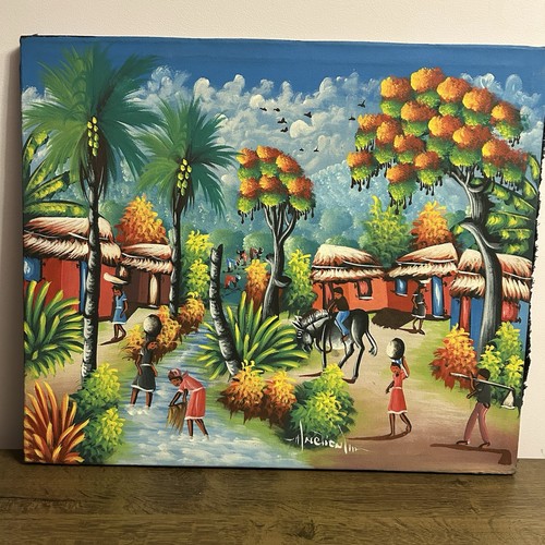 Colorful Haitian Village Painting – Signed Folk Art Canvas